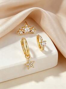 3pcs Cubic Zirconia Star Pendant Earrings Set, Suitable For Women's Dating, Party, Music Festival - Yellow Gold - View 6