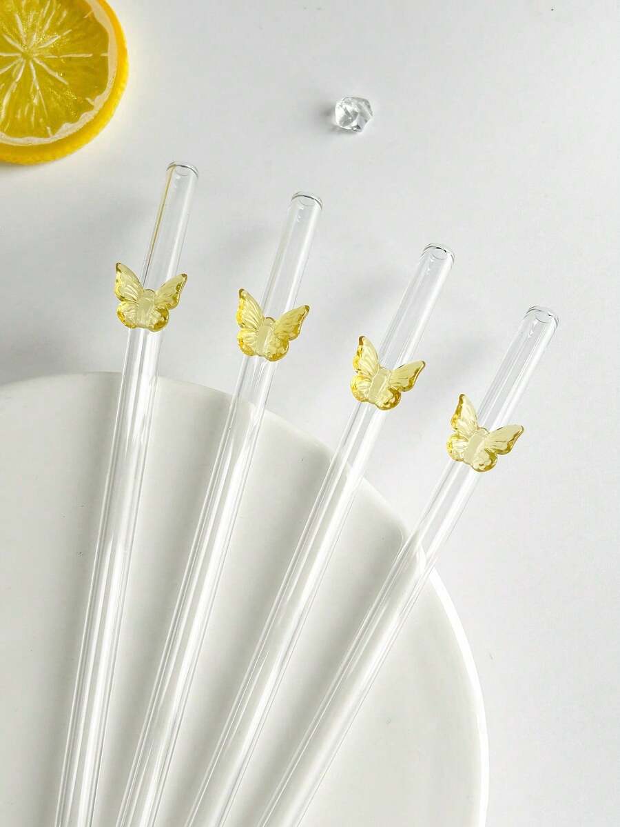 2/4pcs Yellow Butterfly Shaped Glass Drinking Straws, Suitable For Water Cups, Reusable Curved Transparent Thickened Glass Straw Tableware Set, Kitchen Accessories, Straw Caps, Cold Drinks, Milk Tea, Coffee, Bar, Home, Restaurant, Holiday Supplies, Summer - View 1