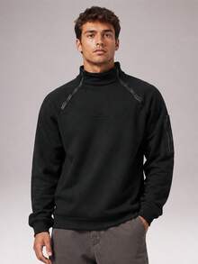 CZRLHYT Pullover Rajut Fleece Pria, Atasan Rajut Warna Polos, Pullover dengan Resleting Seperempat, Atasan Lengan Panjang - Hitam - View 5