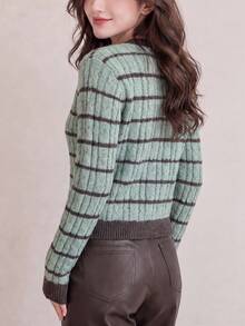 Jaket Sweater Rajut Wanita Kasual Minimalis Bergaris Leher Bulat Musim Gugur/Musim Dingin - Hijau - View 2