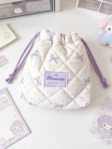 Cute Bow Print Drawstring Storage Bag, Soft Quilted Makeup Bag, Portable Cosmetic Organizer, Mini Camera Storage Pouch, Suitable For Daily Travel, Toiletries And Miscellaneous Items - Multicolor - View 6