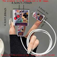 5pcs 2D Flat Design Game Console Pattern Phone Charger Protector Set Pink, Charger Protector + Cable Protector + Storage Rope + Data Cable Protector Rope Wrap (Protector Set Only, Charger Not Included), Compatible With IPhone 20W/18W Charger - Multicolor - View 3