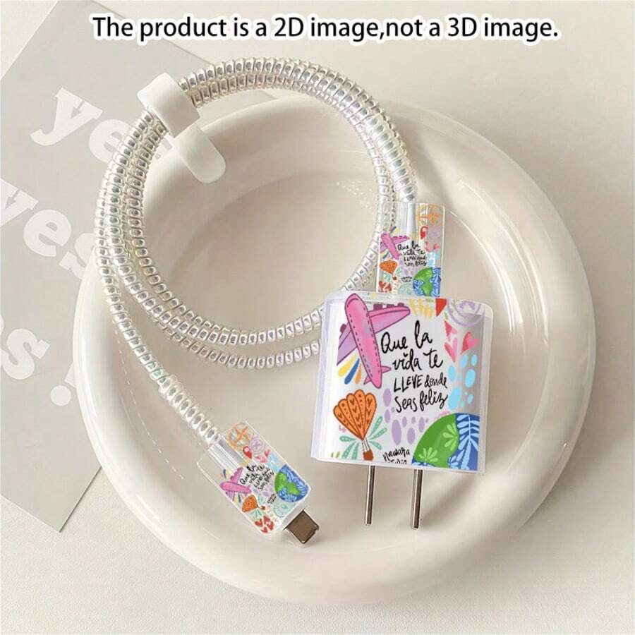 5pcs 2D Flat Design World Travel Pattern Phone Charger Protector Set, Charger Head Cover + Cable Protector + Storage Rope + Data Cable Protector Wrap Rope, Suitable For IPhone 20W/18W Charger - Multicolor - View 1