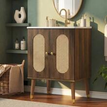 61cm Freestanding Bathroom Cabinet With Breathable Rattan Doors, Fixed Shelves & Large Storage Space Under Ceramic Washbasin, Faucet Not Included - 核桃 - 查看 3