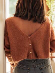 2026 Autumn/Winter New Women's Round Neck Ribbed Backless Double-Sided Single-Breasted Long Sleeve Loose Knit Cardigan, Vintage French Slouchy - Brown - View 2