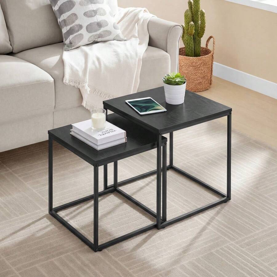 Aseto Set Of 2 Rectangular Coffee Tables Nesting Side End Table Wood Large & Small Nightstand Bedside Board Unit Desk Furniture Decor Living Room Bedroom Home Office Apartment Center Tea Tray Stackable Dual Countertop Multi Color - Black - View 1
