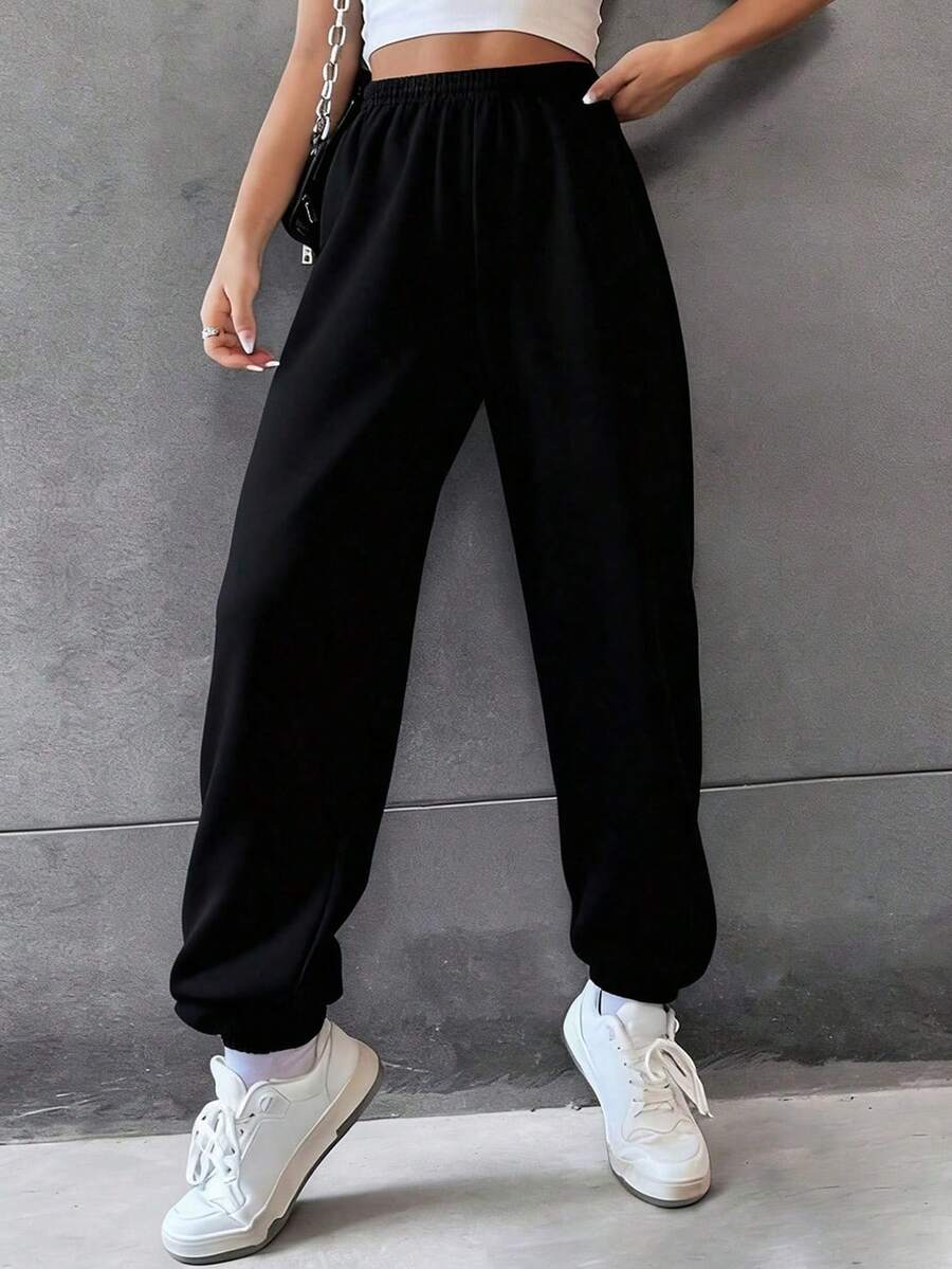 1pc Teen Girls Casual Loose Sweatpants, Simple Solid Color Fleece Knit Pants, Suitable For Spring, Summer, Autumn & Winter - Black - View 1