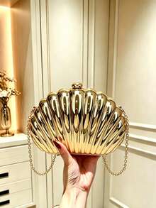 Mini Shell Shaped Laser Metal Clutch Bag,Y2K Retro Metal Frame Chain Shoulder Crossbody Bag,For Women's Formal Evenings, Outings,Dates,Shopping,Etc. - Gold - View 3