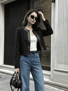 SS-Sunrise Fashion Women's Fashion Short Aviator Jacket, Faux Leather Trim, Round Neck Long Sleeve, Open Front Design, Black, Casual Spring/Autumn Outerwear - Black - View 4