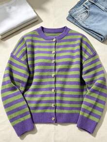 Plus Size Women Casual Striped Cardigan, Long Sleeve Striped Crew Neck Sweater, Autumn/Winter - Purple - View 4
