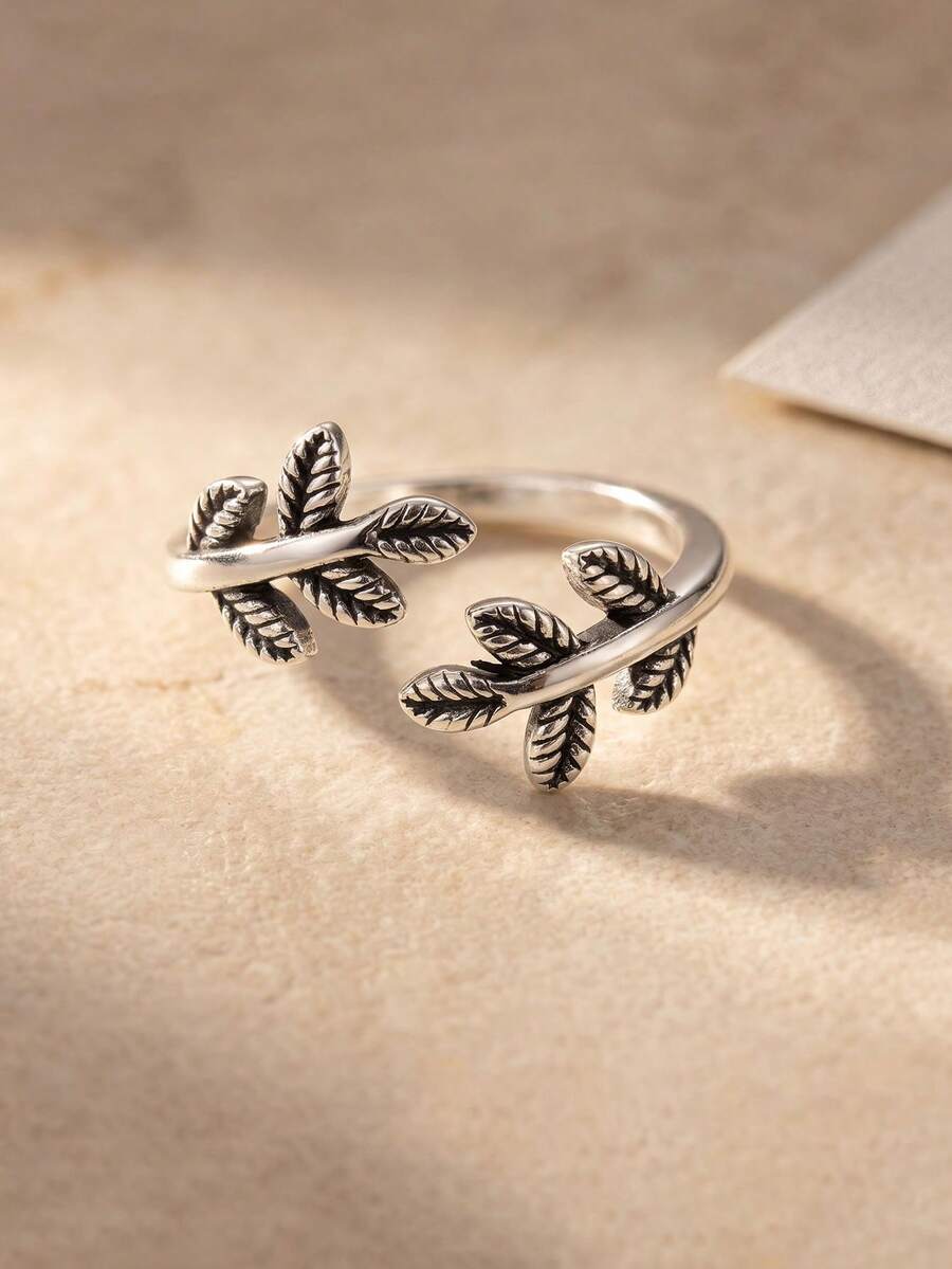 1pc Vintage Silver Olive Leaf Open Ring, Adjustable Unisex Finger Ring, Suitable For Daily Wear And Gift - Silver - View 1