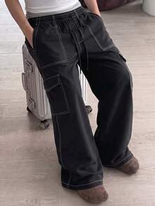 Men's Loose Fashion Sports Long Pants, Featuring Minimalist Solid Color Wide Leg Design, Drawstring Waist, Large Pockets, Suitable For Daily Walking, Work, Travel And Other Occasions. Made Of 100% Polyester Fiber, This Thin Wide Leg Casual Pants Is Suitable For All Season Wear. - Black - View 6