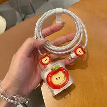 5pcs 3D Cartoon Green & Red Apple Data Cable Protector Set, Fresh Summer 3D Apple Digital Accessories Multi-Scenario Compatible, Compatible With Apple 18W/20W Fast Charging, Energetic Cartoon Healing Data Cable Protector Set Portable Digital Gadget, Can Be Given As Birthday, Christmas, New Year Holiday Gift To Family - 3D Red Apple - View 5