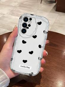 1件奶油色大波浪Ins風黑色愛心Lucky Day文字圖案手機殼，奶白色波浪紋理全包覆相機軟殼，適用於系列手機 - 無色 - 查看 4