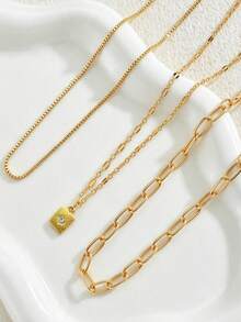 3pcs Minimalist Geometric Pendant Necklace Paperclip Chain Necklace Suitable For Men's Daily Wear Casual Style Accessory - Yellow Gold - View 2