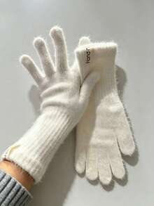 1 Pair Women's Plush Knitted Winter Gloves, Soft Fluffy Full Finger Warm Gloves With Fabric Label Decor, Windproof Hand Protection For Low-Temperature Environments, Suitable For Daily Commute, Shopping, Walking, Driving; Versatile Colorful Winter Accessory, Perfect As A Holiday Gift For Women And Girlfriends - White - View 5