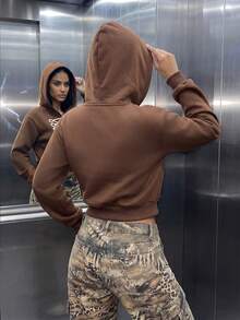 Hoodie Wanita Kasual Bahan Fleece dengan Resleting dan Pita Napoleon, Ukuran Besar, Cocok untuk Aktivitas Sehari-hari di Musim Gugur & Musim Dingin, dan untuk Keluar Rumah - Kopi hitam - View 3