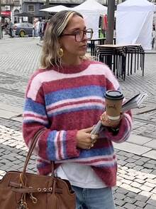 Cloud Verse Retro Multicolor Striped Fuzzy Knit Pullover Y2K Streetwear Loose Fit Long Sleeve Sweater - Multicolor - View 2