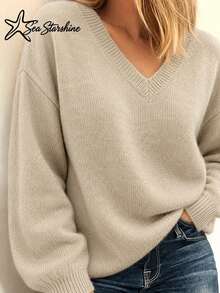 Sea Starshine Sweater Rajut Wanita Model Terbaru Musim Gugur/Dingin, Warna Polos, Leher V, Lengan Lentera, Sweater Pendek Longgar Lembut, Sweater Kasual Amerika untuk Berkomuter - Aprikot - View 6