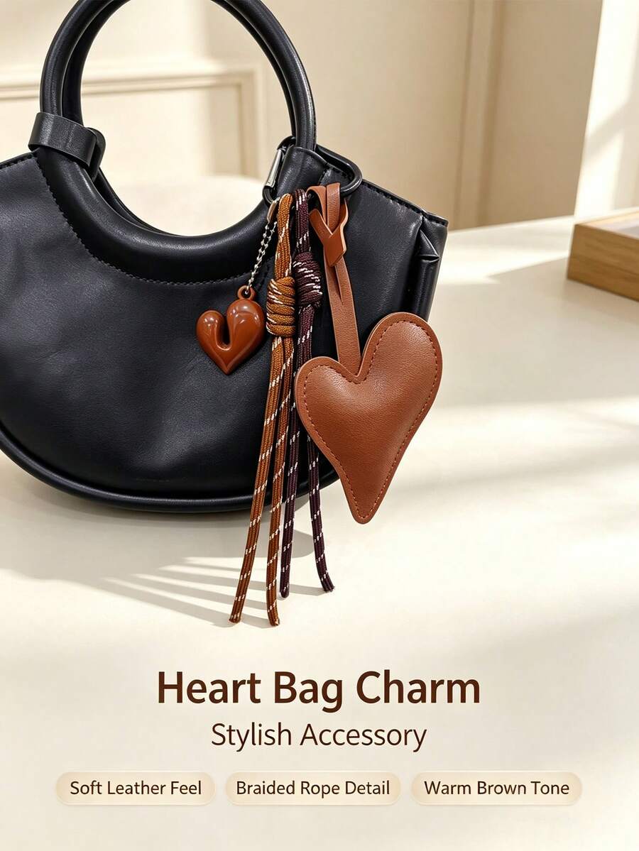 PU Heart Keychain, Minimalist Bag Charm With Woven Tassel And Resin Heart Pendant, Suitable For Backpacks And Handbags, Sweet Vintage Decorative Gift For Girls - Multicolor - View 1