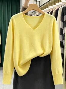 GIGOGOU كنزة صوفية صفراء رقيقة أساسية للربيع/الخريف بمقاسات كبيرة 1XL-4XL، ناعمة ومريحة، ملابس علوية علوية كاجوال مناسبة للخريف - أصفر - مشاهدة 1