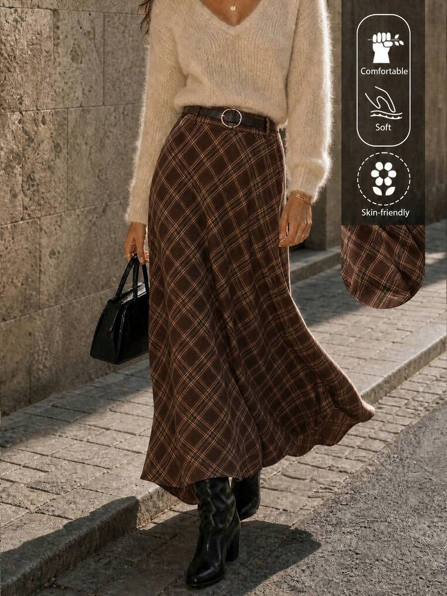 EARO 女款格紋印花復古休閒通勤裙 春季 棕色 - 棕色 - 查看 1