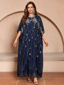JINLICX Navy Blue Silver Sequin Beaded Batwing Sleeve Round Neck Floor‑Length Formal Kaftan Maxi Dress - Royal Blue - View 2