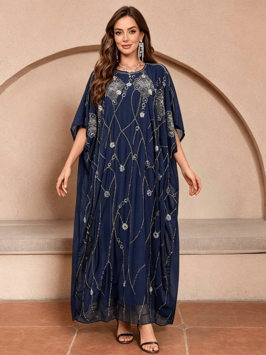 JINLICX Navy Blue Silver Sequin Beaded Batwing Sleeve Round Neck Floor‑Length Formal Kaftan Maxi Dress