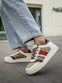 Men's New Fashion Colorblock Striped Random Print Front Lace-Up Skateboard Shoes, Simple Comfortable Outdoor Sports All-Season Versatile Casual Sneakers - Beige - View 8