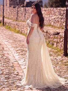 Plus Size Off-Shoulder Sequin Mermaid Gown For Women, Featuring Beaded Detail And Cold Shoulder Sleeves, Ideal For Parties And Special Occasions - Champagne - View 2