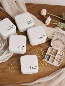 Personalized Name Jewelry Box, Customized Rectangular Fabric Lined Travel Storage Box, Zipper Closure Cufflinks Compartment, Bridesmaid Gift Box - White - View 9