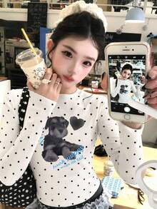 Japanese Cute Polka Dot Puppy Print T-Shirt For Women, Long Sleeve Round Neck Slim Fit Cropped Top, Autumn Inner Layer Round Neck Base Layer - White - View 4