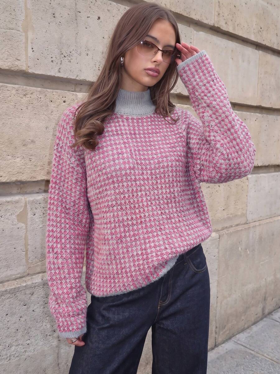 Pullover Rajut Gradien Geometris Wanita, Sweater Lengan Panjang Nyaman untuk Musim Gugur dan Musim Dingin, Kain Lembut untuk Pakaian Kasual Sehari-hari, Kembali ke Sekolah, Halloween - Grey - View 1