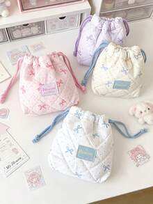Cute Bow Print Drawstring Storage Bag, Soft Quilted Makeup Bag, Portable Cosmetic Organizer, Mini Camera Storage Pouch, Suitable For Daily Travel, Toiletries And Miscellaneous Items - Multicolor - View 2