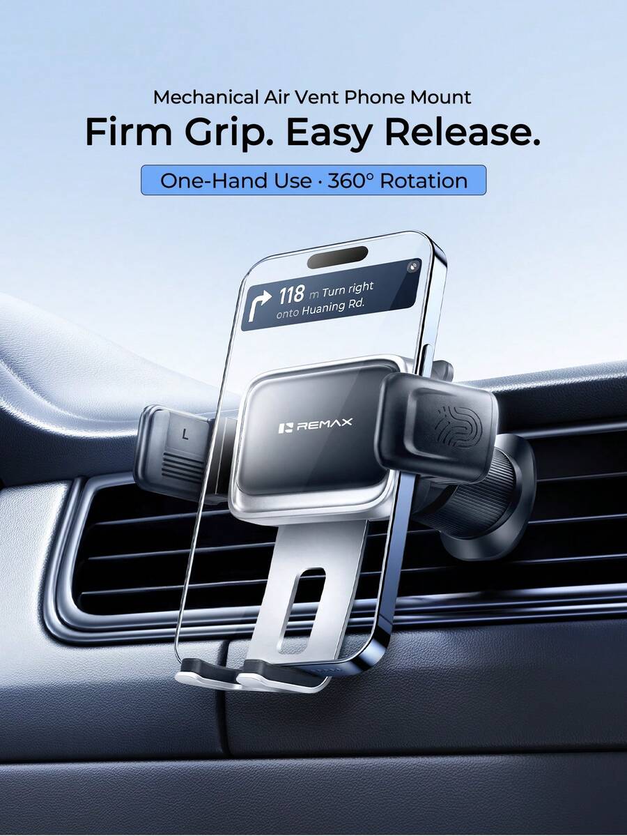REMAX Stable & Anti-Shake Car Vent Phone Holder, Mechanical Memory Grip, One-Hand Use, Fits 4-7.2",Car Accessories, Car Essentials, Car Stuff