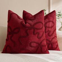 1pc Red Bow Embroidery Decorative Pillowcase, Christmas Decorative Pillowcase, With Zipper, Aesthetic Cute Design, Suitable For Sofa Bed, Home Decor, Room Decor, Floral Pattern (Pillow Insert Not Included) - Red - View 1