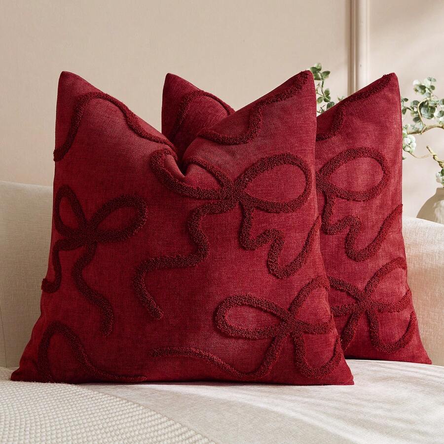 1pc Red Bow Embroidery Decorative Pillowcase, Christmas Decorative Pillowcase, With Zipper, Aesthetic Cute Design, Suitable For Sofa Bed, Home Decor, Room Decor, Floral Pattern (Pillow Insert Not Included) - Red - View 1
