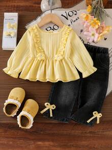 Baby Girl Spring/Autumn Fresh Pastoral Style 2-Piece Set Textured Striped Ruffle Trim Hem Cinched Waist Round Neck Pullover Top + Bow Decor Black Gray Denim Gradient Straight Leg Long Pants - Yellow - View 1