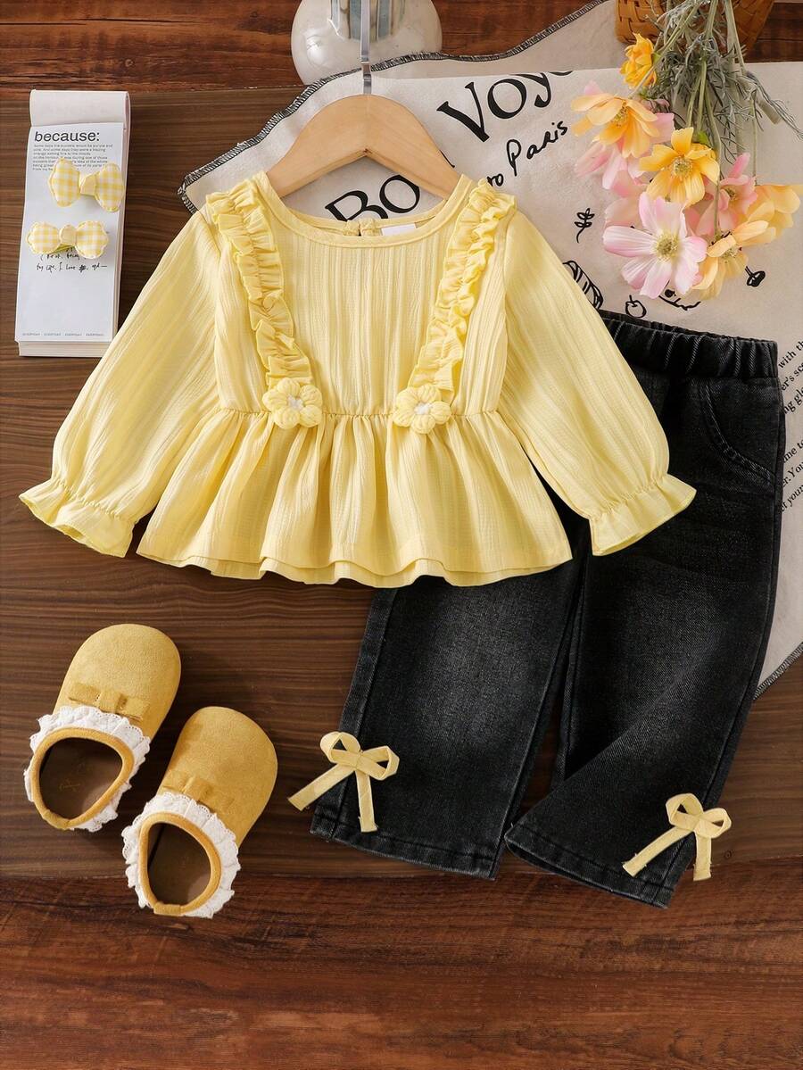 Baby Girl Spring/Autumn Fresh Pastoral Style 2-Piece Set Textured Striped Ruffle Trim Hem Cinched Waist Round Neck Pullover Top + Bow Decor Black Gray Denim Gradient Straight Leg Long Pants - Yellow - View 1