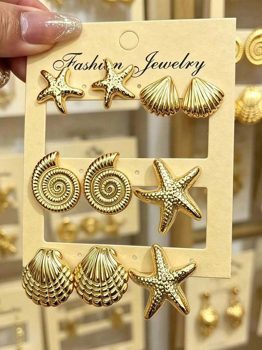 1/5 Pairs Gold Starfish, Seashell, Conch Earring Set, Suitable For Summer Travel And Vacation Wear, Best Gift For Family And Friends - Gold - View 1