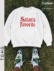 تي شيرت رجالي خفيف الوزن بأكمام طويلة وياقة دائرية، مطبوع من الأمام بنص "Satan's Favorite" باللون الأحمر بأسلوب قوطي - أبيض - مشاهدة 4