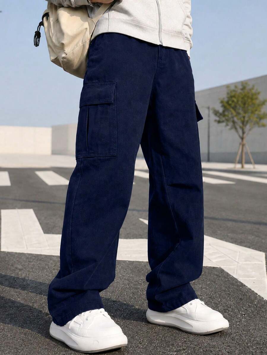 1pc Tween Boys Vintage Minimalist Cargo Pants, Suitable For Workout, Outdoor, Spring/Autumn - Blue - View 1
