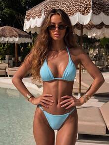HOTTIE HABIT Women's Solid Light Blue 2-Piece Bikini Set, Halter Triangle Ruched Swim Top With Adjustable Metal Ring, High Cut Sexy Bikini Bottom, Summer Pool Beach - Multicolor - View 3