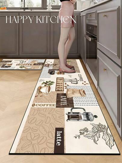1 Pc Brown Coffee Cup Pattern Kitchen Mat, 3.5 Mm Soft Rubber That Absorbs Water And Is Easy To Clean. Suitable For Corridors, Bathrooms, Living Rooms, Outdoor Door Mats, And Toilets. Useable Throughout The Year And For Various Holidays.