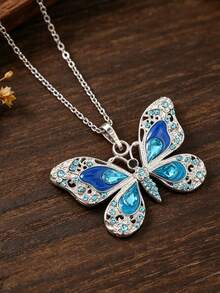 1pc Heavy-Duty Hollow Butterfly Pendant Necklace, Oil-Drip Inlaid Artificial Rhinestone Vintage Fashion Necklace - Pink - View 5