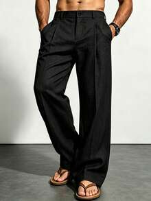 Men's Solid Color Straight Leg Casual Pants With Pockets, Suitable For Daily Commute And Vacation - Black - View 2