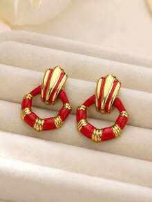 8 Pairs Vintage Red Enamel Stud Earrings Set, Women's Gold Flower Butterfly Turtle Geometric Shaped Exaggerated Jewelry, Suitable For Daily Wear And Party - Red - View 3