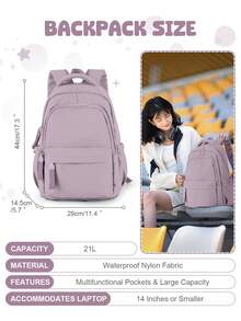 可愛青少年女孩學生背包，國中背包，大學生背包，經典休閒輕量通勤包，旅行筆電背包 - 淺灰紫 - 查看 3