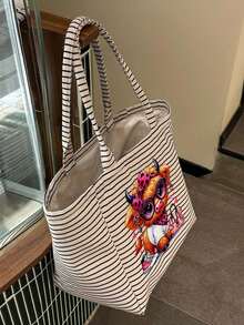 Casual Striped Tote Bag & Makeup Pouch,Funny Highland Cow Canvas Bag,Large Capacity Shopping Bag,Portable Zippered Storage Pouch,Vacation Handbag - Multicolor - View 5