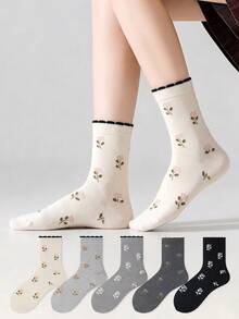 ZUJO 3 Pairs Women's Mid-Calf Socks, Polka Dot Pattern, Suitable For Daily Wear, Simple And Comfortable, Random Color - Multicolor - View 1
